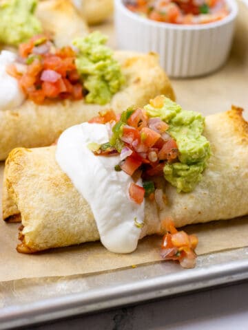 Chicken chimichangas with toppings