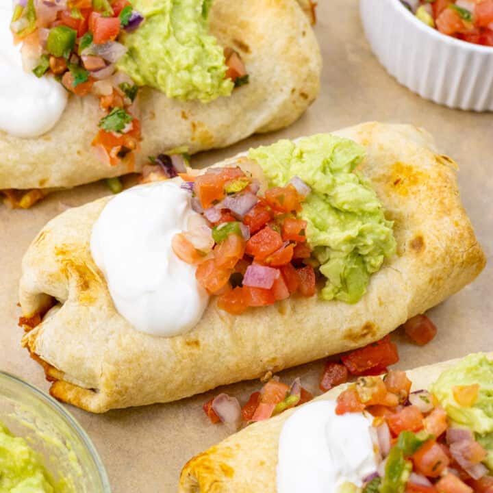 Chicken chimichangas with toppings