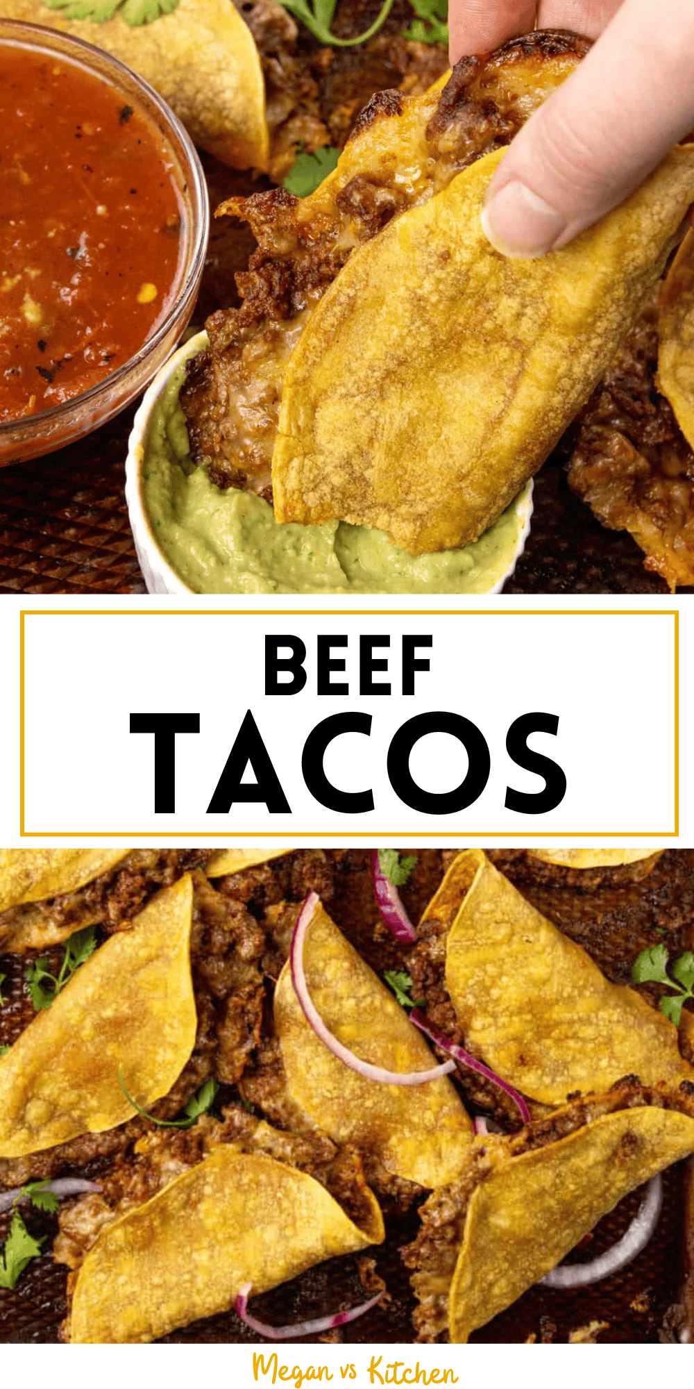 Ground Beef Tacos Dipped in green sauce